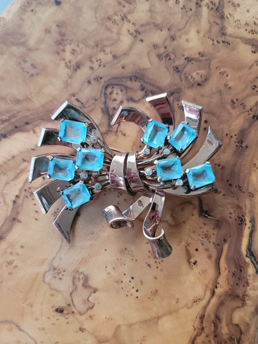 Glass, Rhinestone & Sterling Ribbon Brooch by Pennino